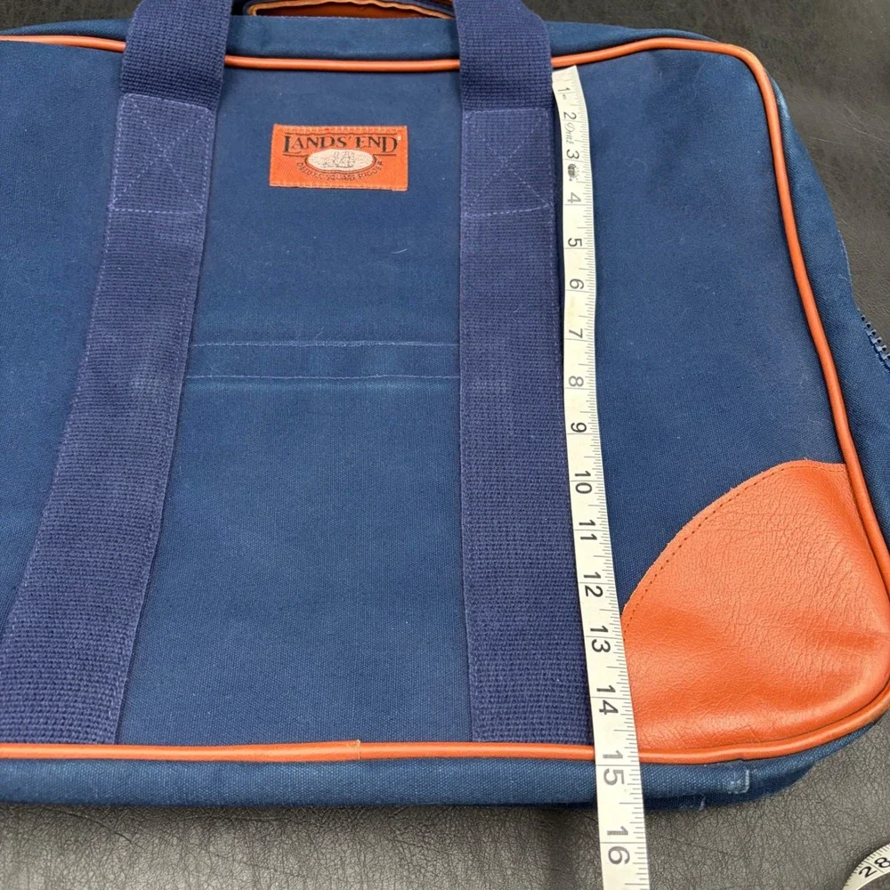 Lands End Deluxe Square Rigger Briefcase Navy Canvas Leather Trim Laptop Bag JVC